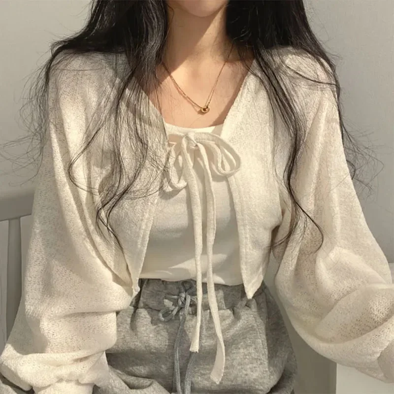 Korean Street Fashion Female - Verão feminino cardigan de malha branco