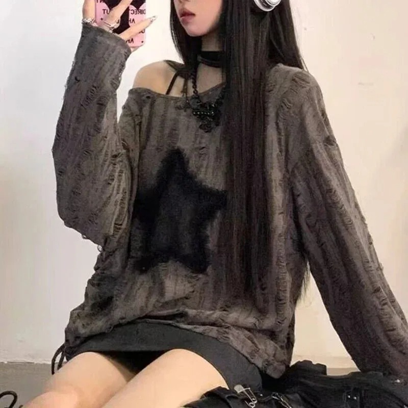 Y2k buraco estrela impressão c - Street Fashion Kpop avaliação e preço